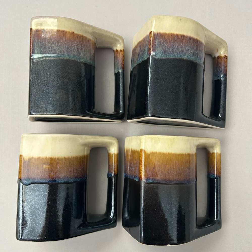Rodolfo Padilla Signed Coffee Mugs Set of 4 Blue Brown Drip Glaze Stacking VTG
